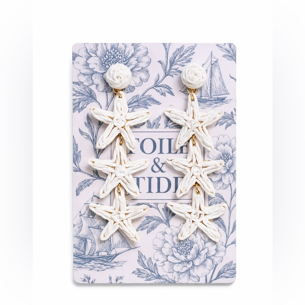 Cascading Starfish Drop Earrings – White Raffia Coastal  Statement Earrings
